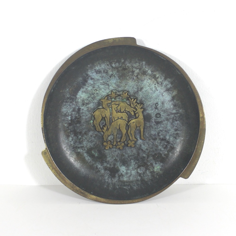 Mid Century Modern Verdigris Brass Plate with Deer Reindeer